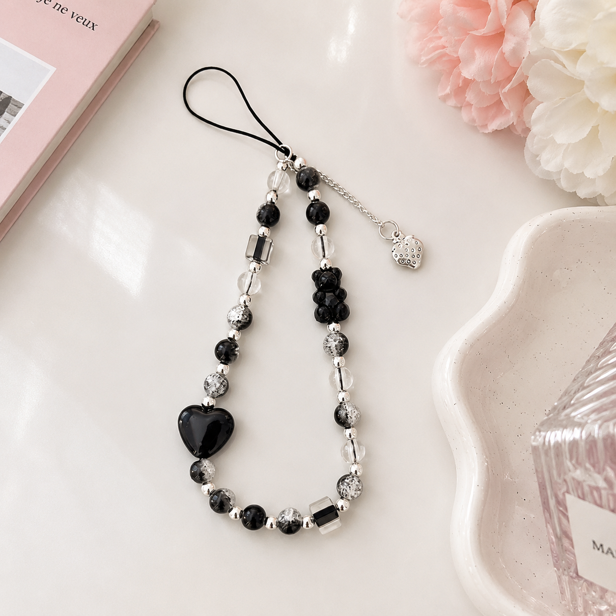 Black Heart Beaded Phone Charm