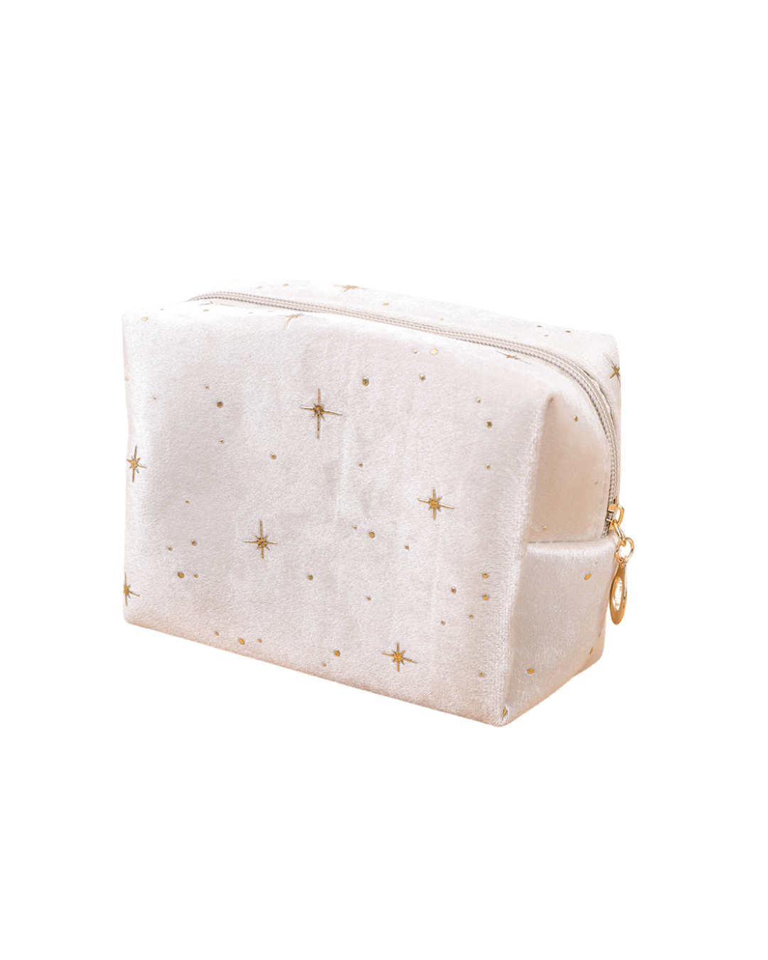 Light beige velvet cosmic pouch featuring golden embroidered stars and dots and a gold zipper pull, shown at an angle.