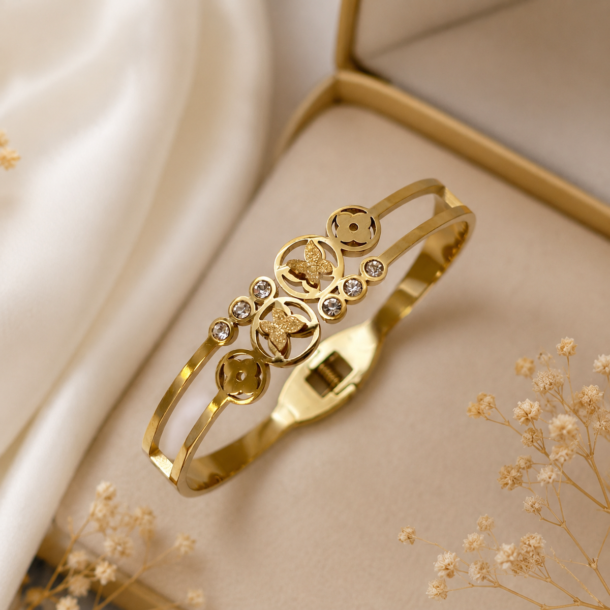 Gold Butterfly & Flower Bangle Bracelet - Tarnished Resistant