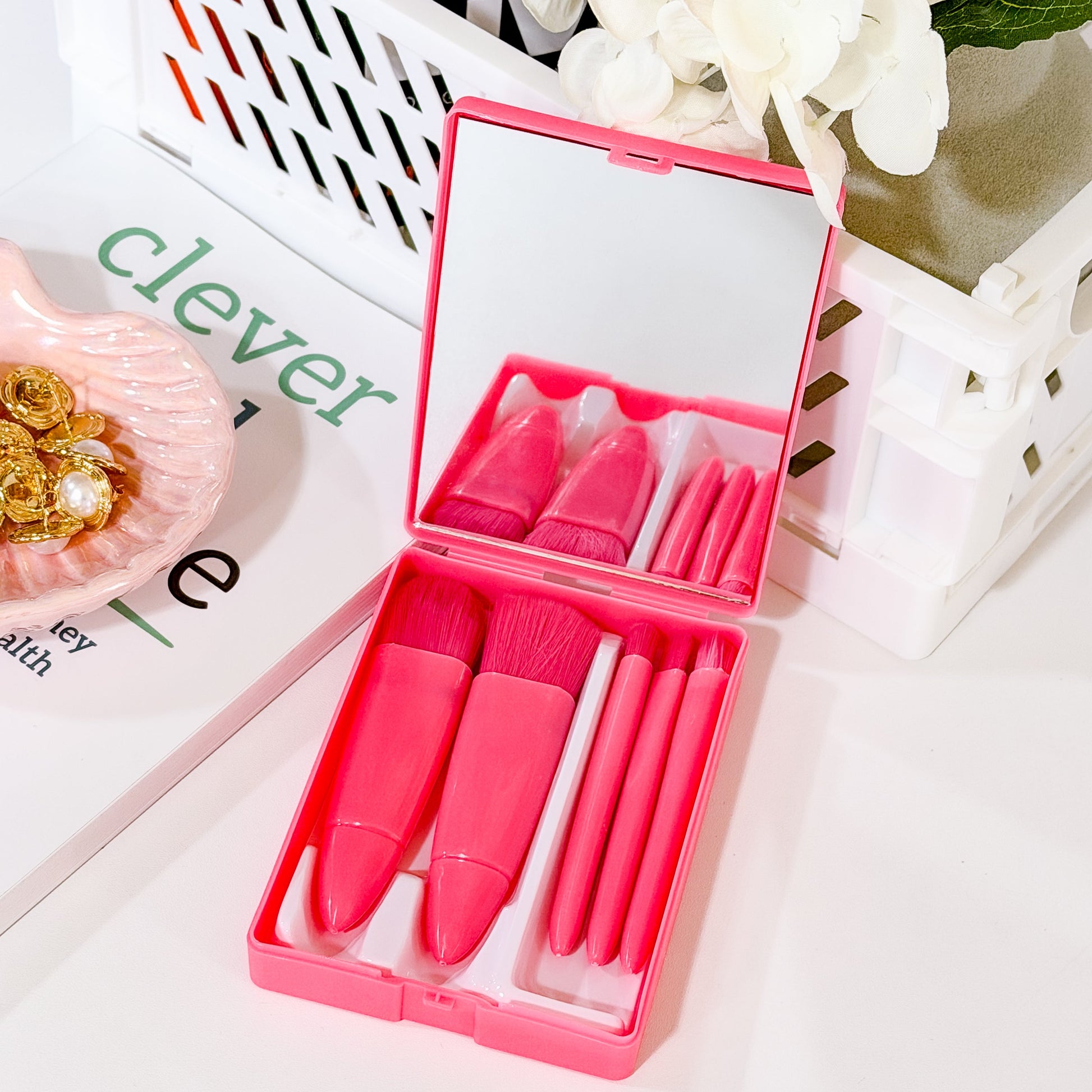Bright Pink Mini Portable Makeup Brush Set With Mirror