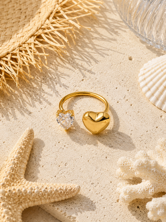 Crystal Heart Open Ring | Tarnish Resistant B-14
