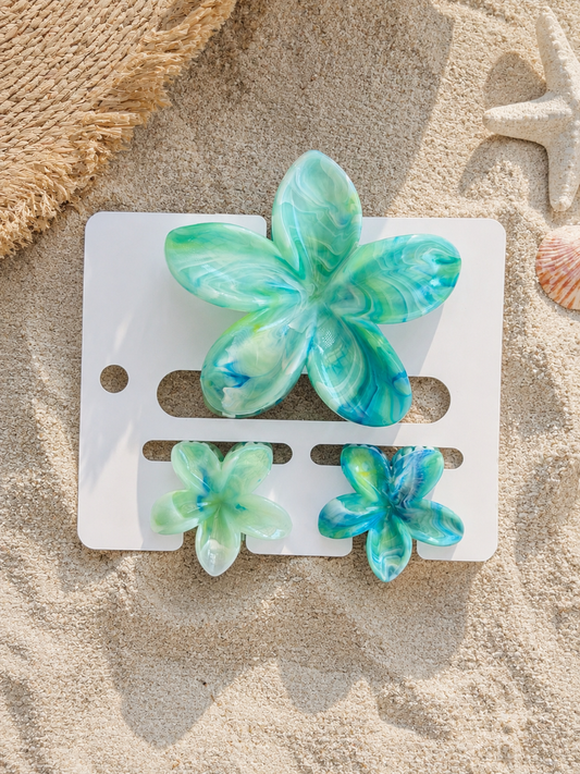 3 Piece Green Marble Flower Hair Clip Set