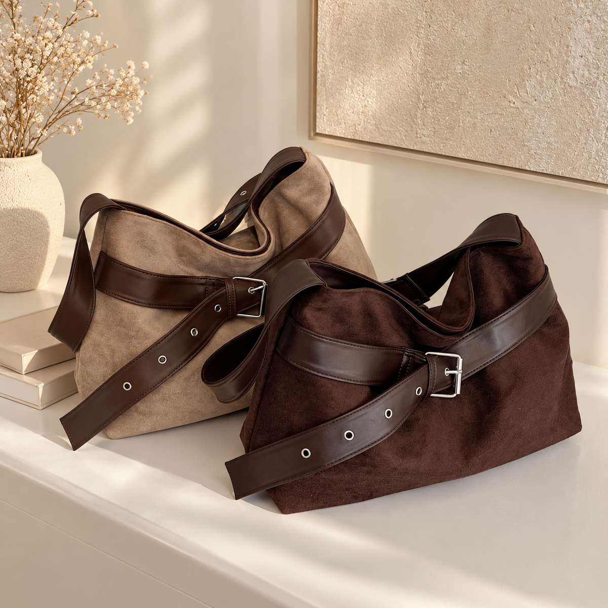 Suede Buckle Hobo Shoulder Bag