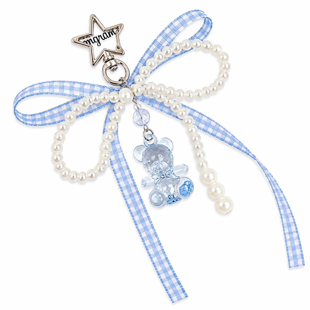 Gingham Bow Pearl Teddy Bear Bag Charm