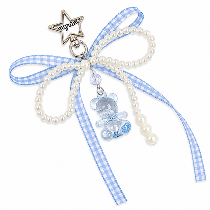 Gingham Bow Pearl Teddy Bear Bag Charm
