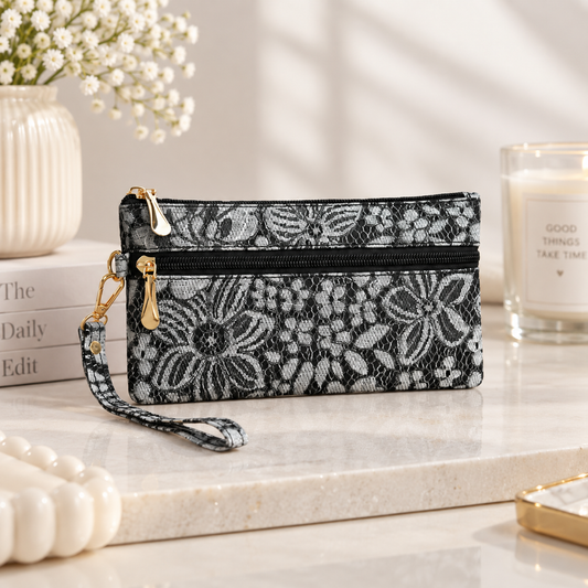 Floral Double Zipper Wristlet Wallet