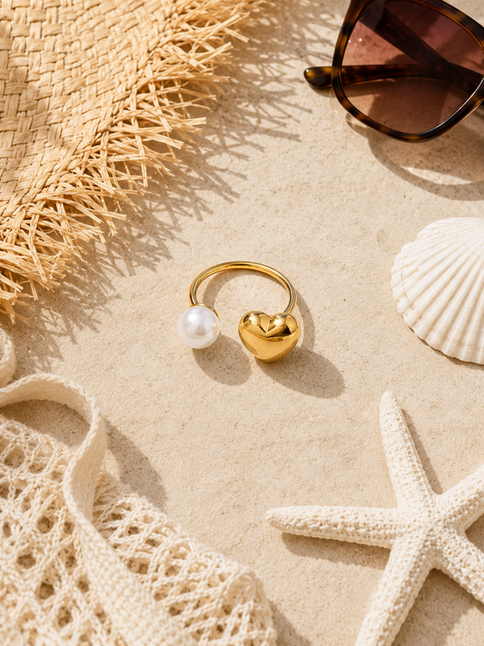 Heart & Pearl Open Ring | Tarnish Resistant B-16