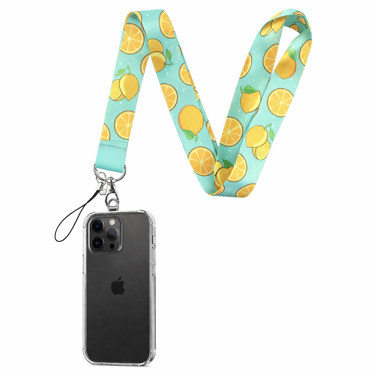 Phone lanyard with a teal blue background and a yellow lemon and orange pattern, attached to a clear phone case.