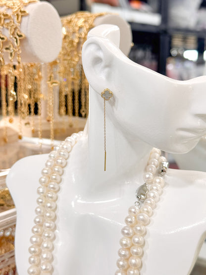 18K Genuine Gold Clover Threader Earrings ( Mother Of Pearl )