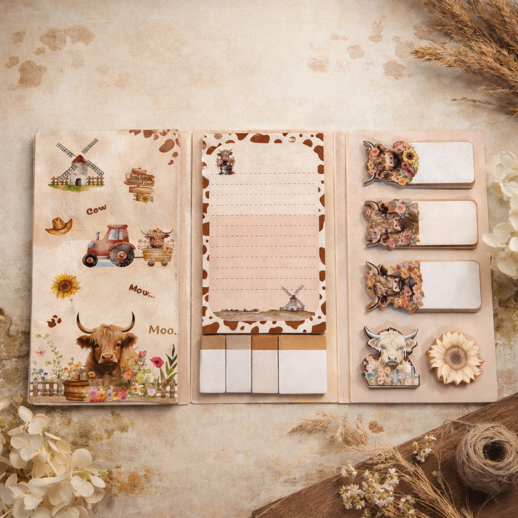 Foldable sticky notepads featuring Highland cows, windmills, and sunflowers in a rustic, watercolor style, including die-cut page markers.