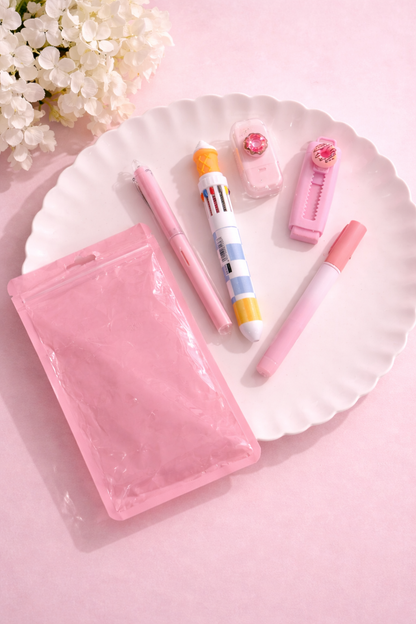 Pink sweet desk set featuring an ice cream pen, donut tape dispenser, and pouch, arranged on a white plate.
