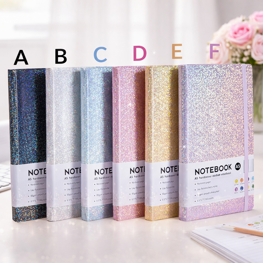Six A5 holographic journals in dark blue, silver, light blue, pink, gold, and light purple, standing upright with glittery covers.