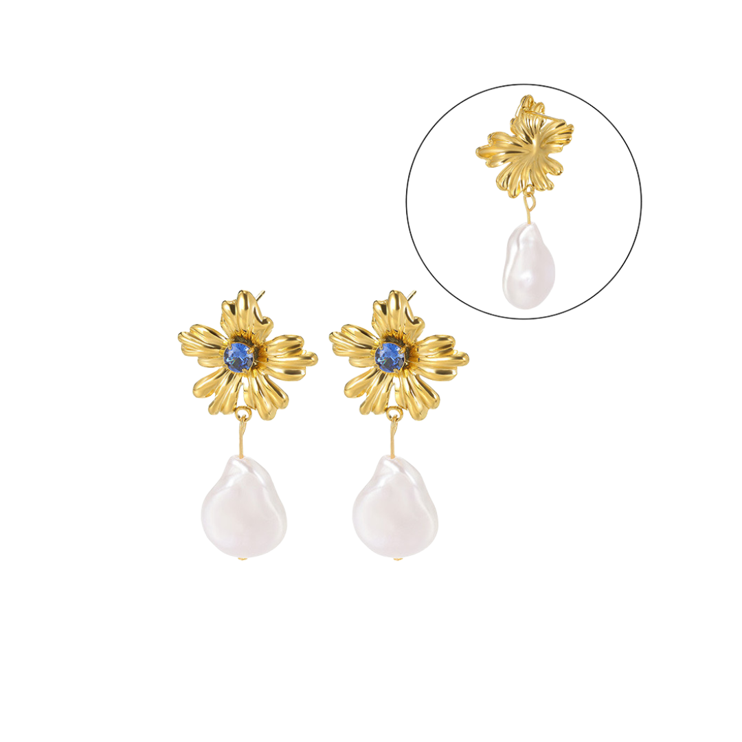 Flower Pearl Drop Stud Earrings