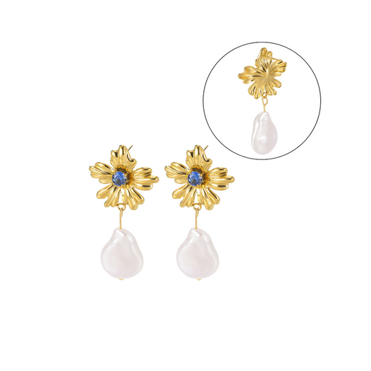 Flower Pearl Drop Stud Earrings