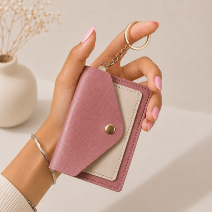 Pink and beige snap card holder with gold-tone button and chain keyring, held in hand with pink nails, side view.