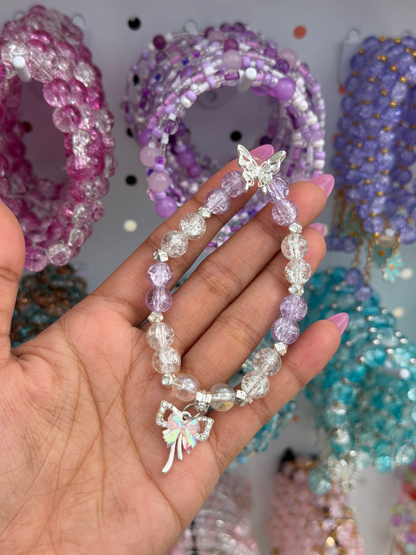 Lilac Butterfly & Bow Beaded Bracelets