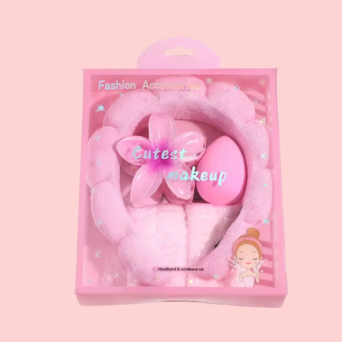 Pink hair accessories set in packaging with 'cutest makeup' text on a white background