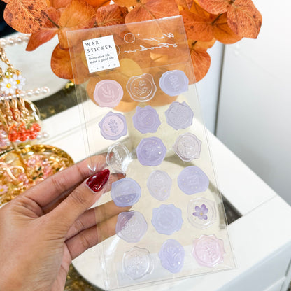 Wax seal stickers with floral designs by ZAOMO, presented in a clear plastic sheet with purple and pink accents.