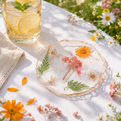 Clear acrylic flower coasters with embedded dried flowers and gold flakes, featuring wavy gold edges, displayed outdoors.
