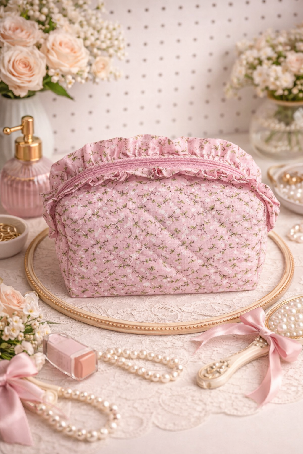 Pink floral pouch with a ruffle trim, from unknown maker, sits on a gold tray with vintage-style accessories.