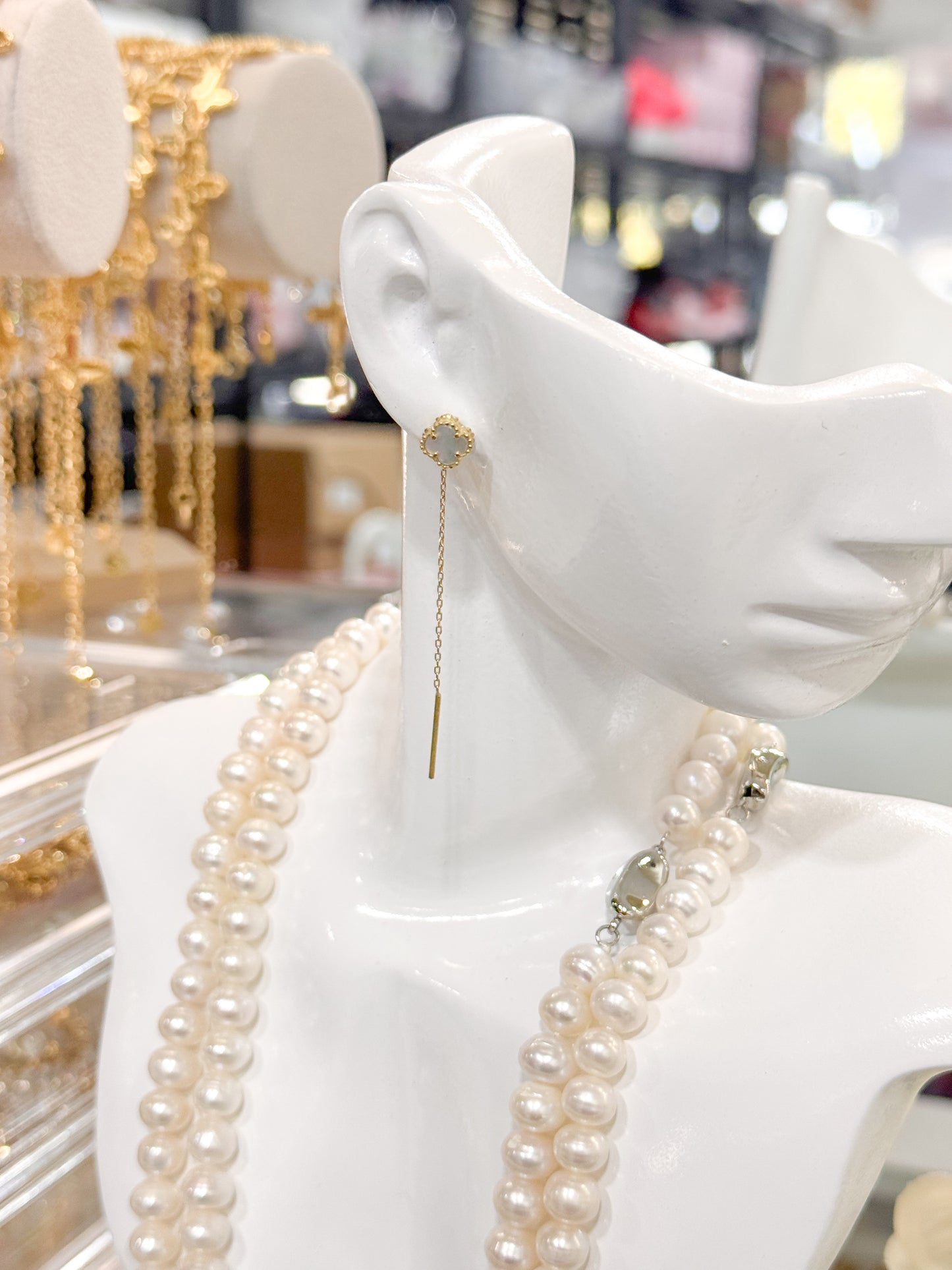 18K Genuine Gold Clover Threader Earrings ( Mother Of Pearl )