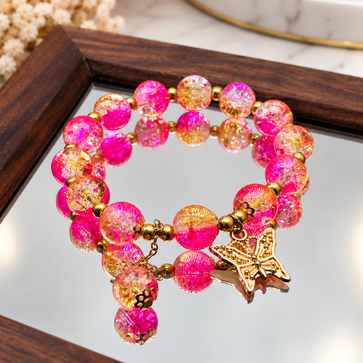 Gold Crackle Glass Butterfly Charm Bracelet