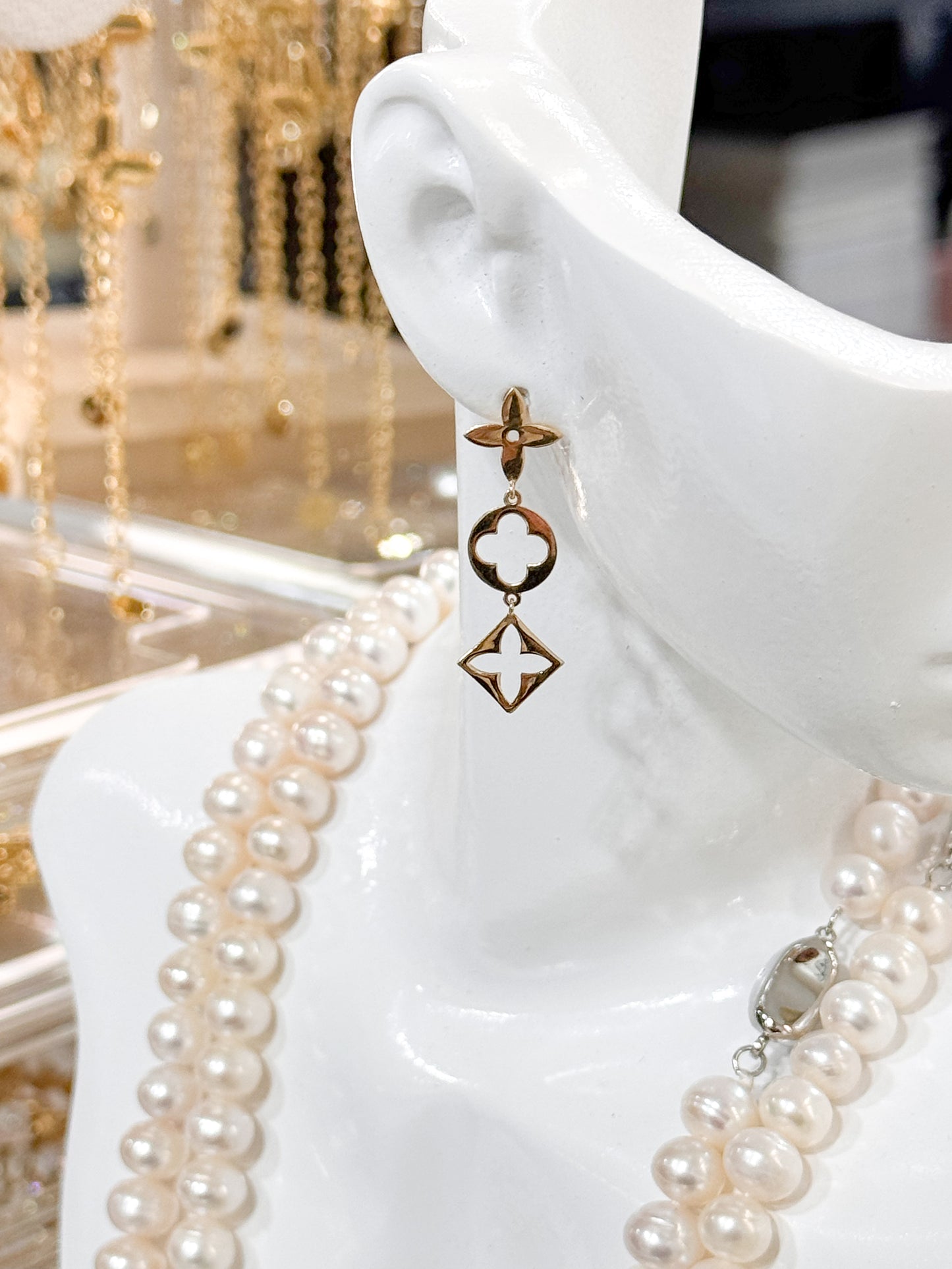 18K Genuine Gold Geometric Clover Drop Earrings