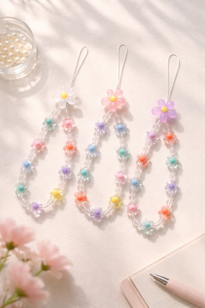 Three colorful daisy bead phone straps with pastel flower beads and clear accents, displayed on a sunlit white surface.