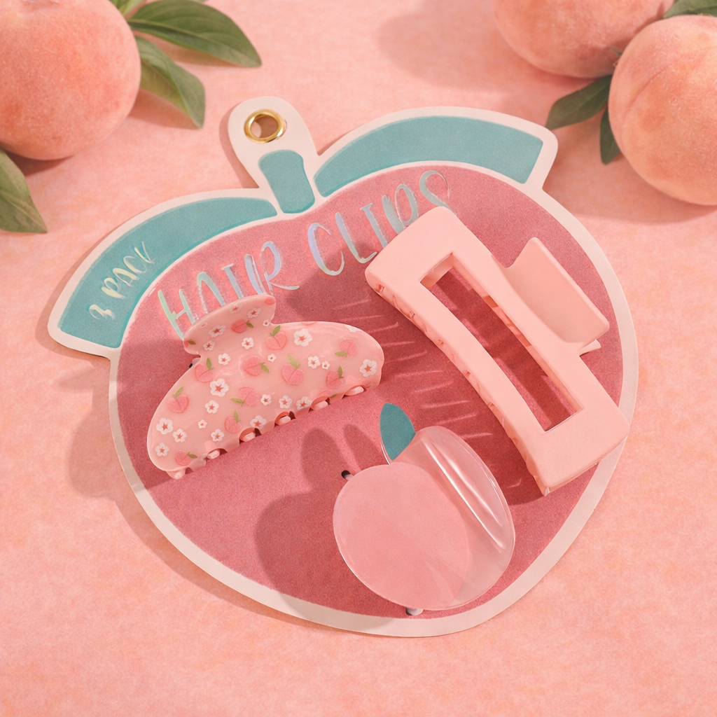 Peach-themed hair clip set featuring three pink claw clips in different shapes displayed on a peach-shaped backing card with a soft peach background.