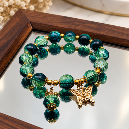 Gold Crackle Glass Butterfly Charm Bracelet