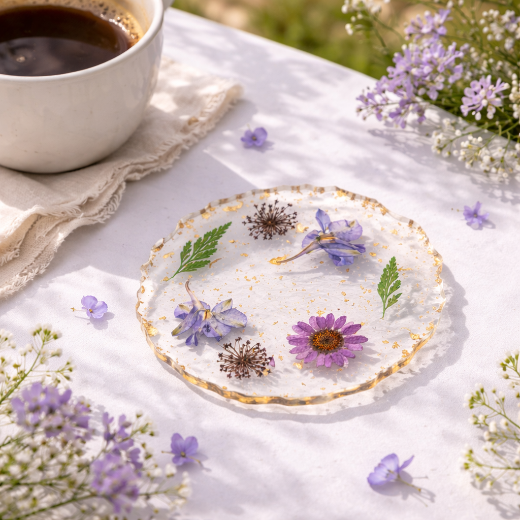 Wavy-edged clear acrylic flower coaster with embedded purple flowers, green leaves, and gold flakes.