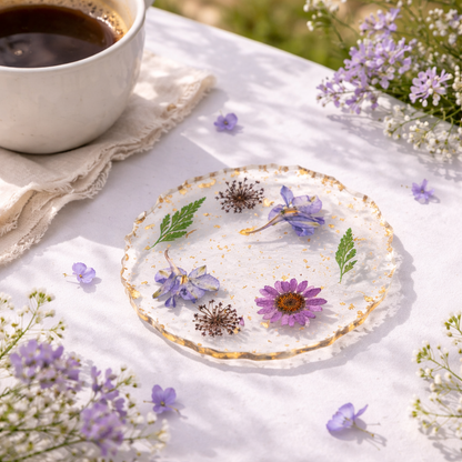 Wavy-edged clear acrylic flower coaster with embedded purple flowers, green leaves, and gold flakes.