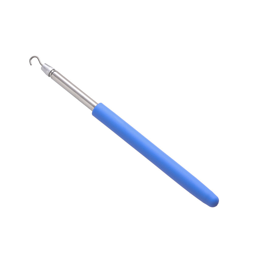 Blue and silver Bracelet Clasp Helper Tool with a small metal hook, smooth blue handle, shown at an angle.