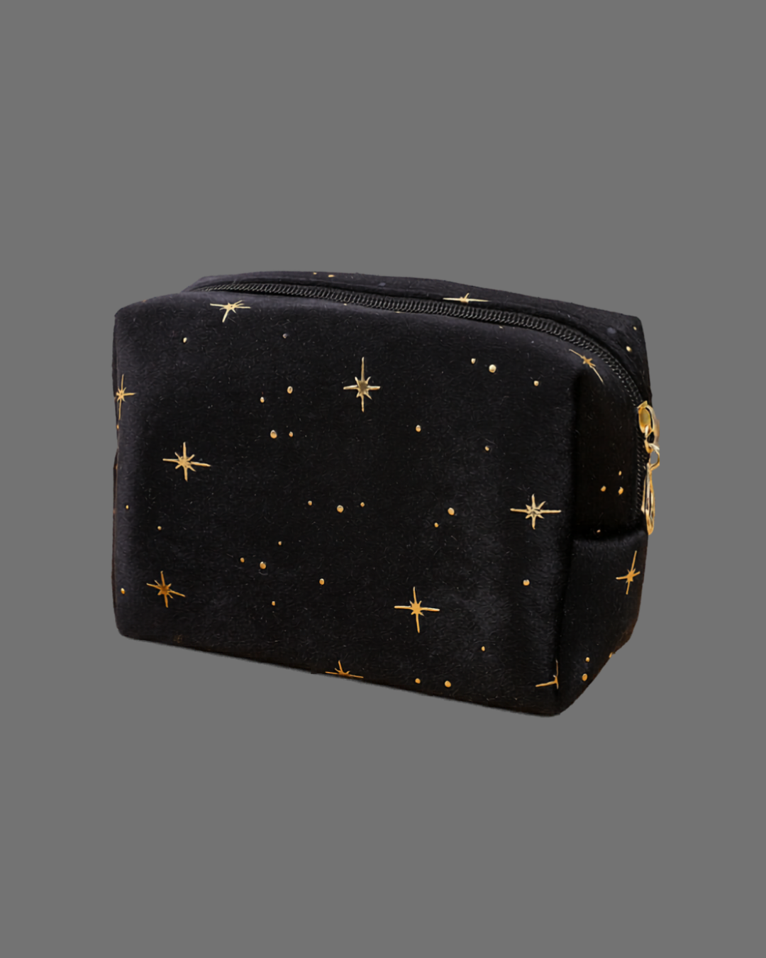 Black velvet cosmic pouch with gold stars and dots, featuring a gold zipper closure.