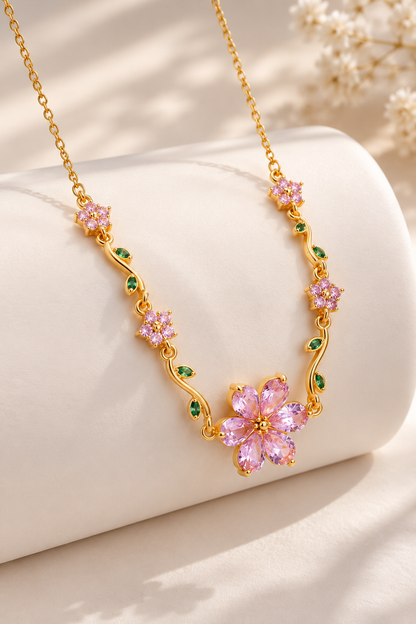 Pink Floral Vine Tarnish-Resistant Necklace