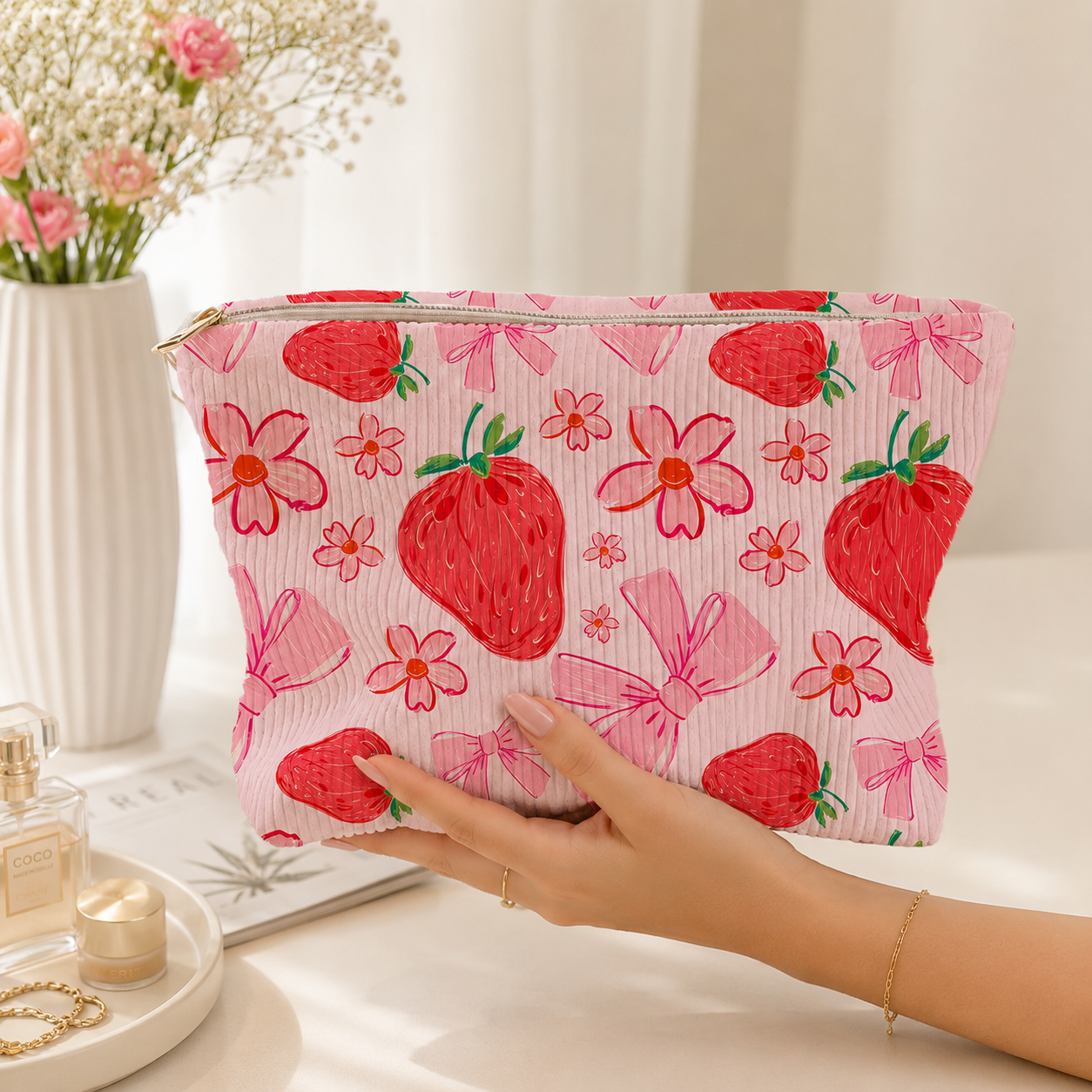 Strawberry Bow Makeup Bag