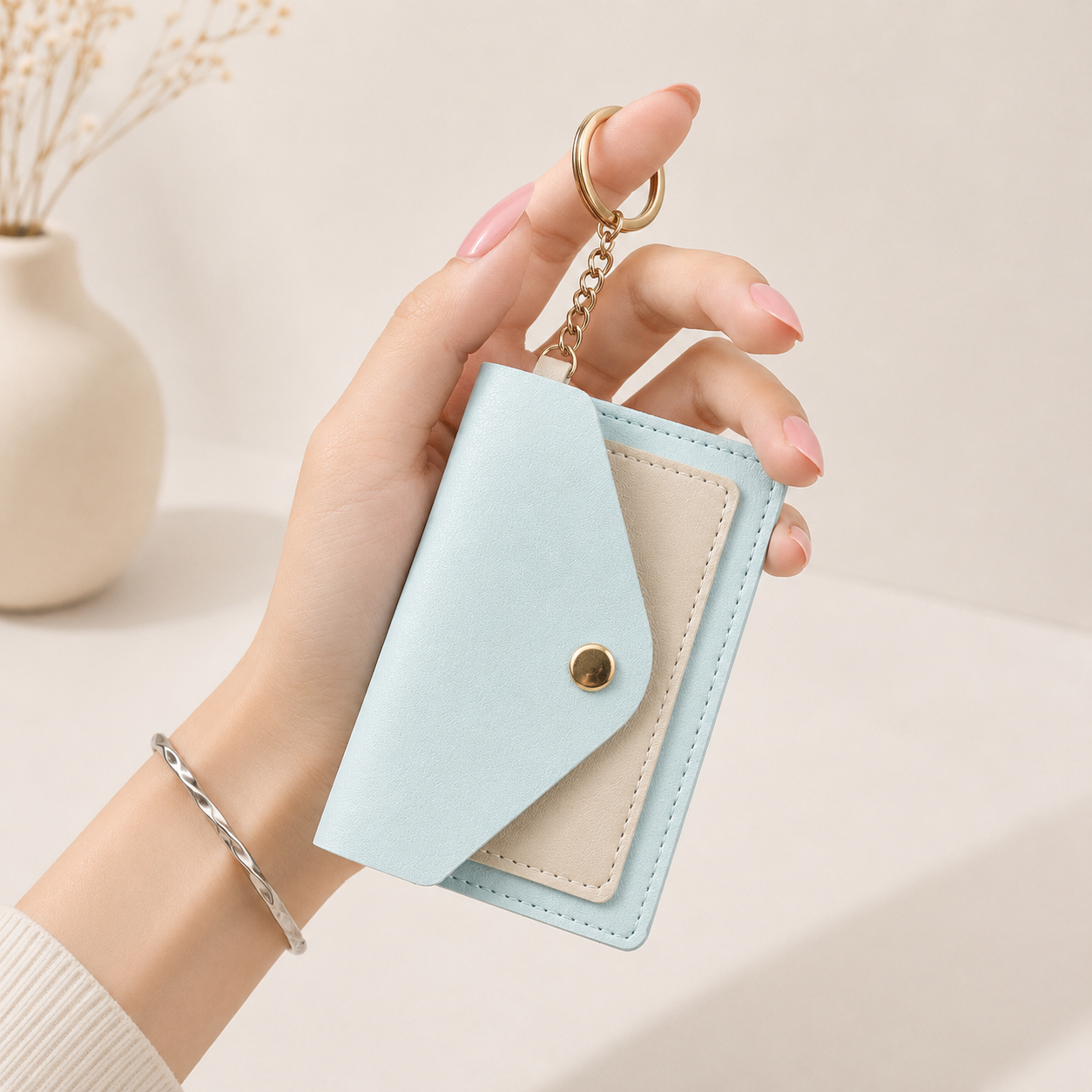 Light blue snap card holder with beige interior and gold-tone chain, held in hand, side view, textured surface, minimalist design