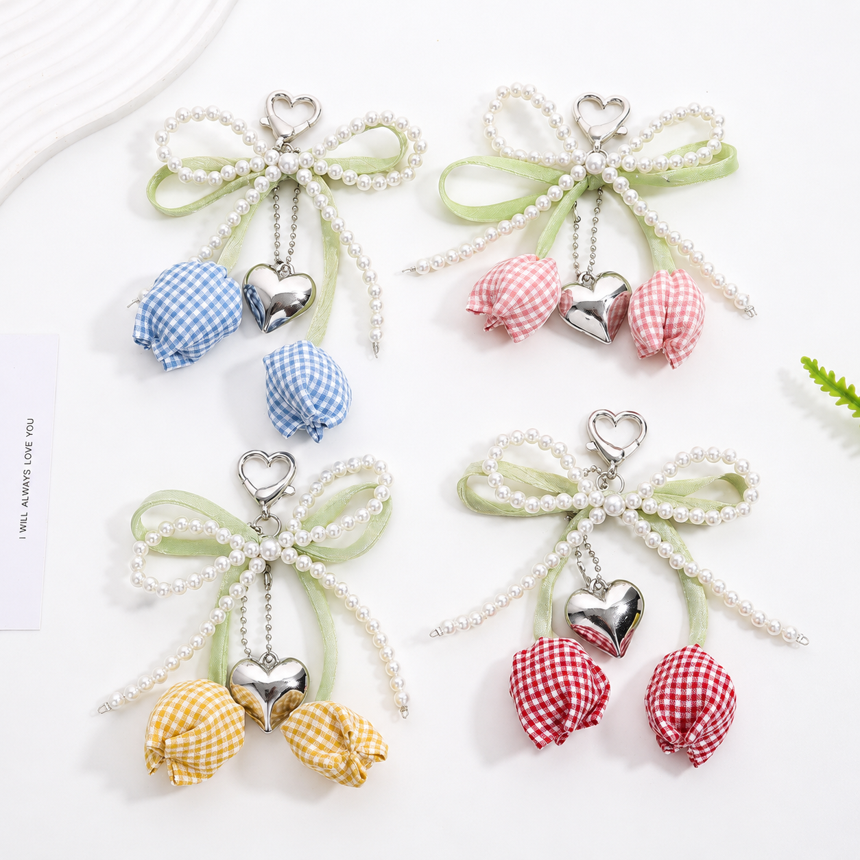 Gingham Tulip Pearl Bow Bag Charm