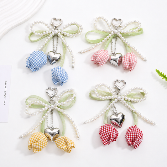 Gingham Tulip Pearl Bow Bag Charm