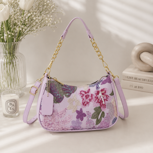 Embroidered Floral Sequin Shoulder Bag