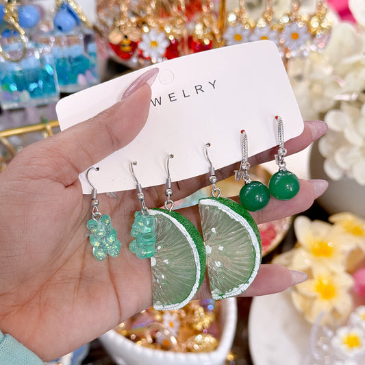 Bear, Lime & Green Earrings 3 Pack Sets
