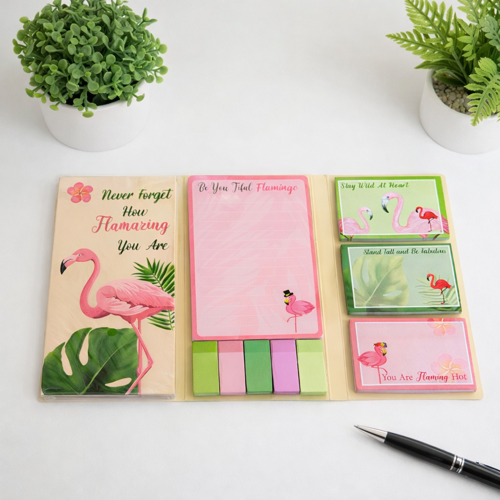 Foldable sticky notepads with flamingo designs and floral accents, including pink, green, and tan colors.