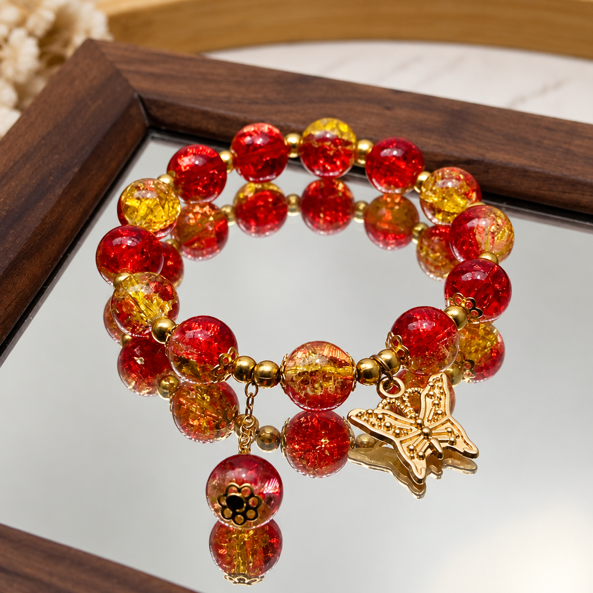 Gold Crackle Glass Butterfly Charm Bracelet