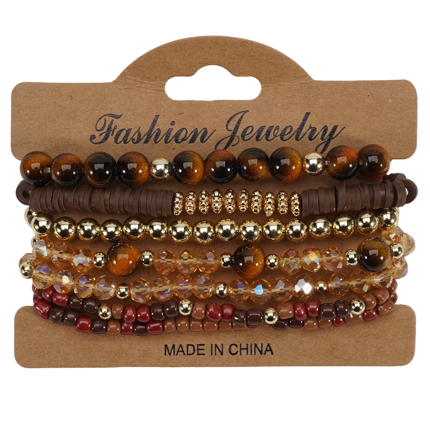 Bohemian style layered bracelets with brown, gold, and amber faceted beads, on a cardboard hanger.