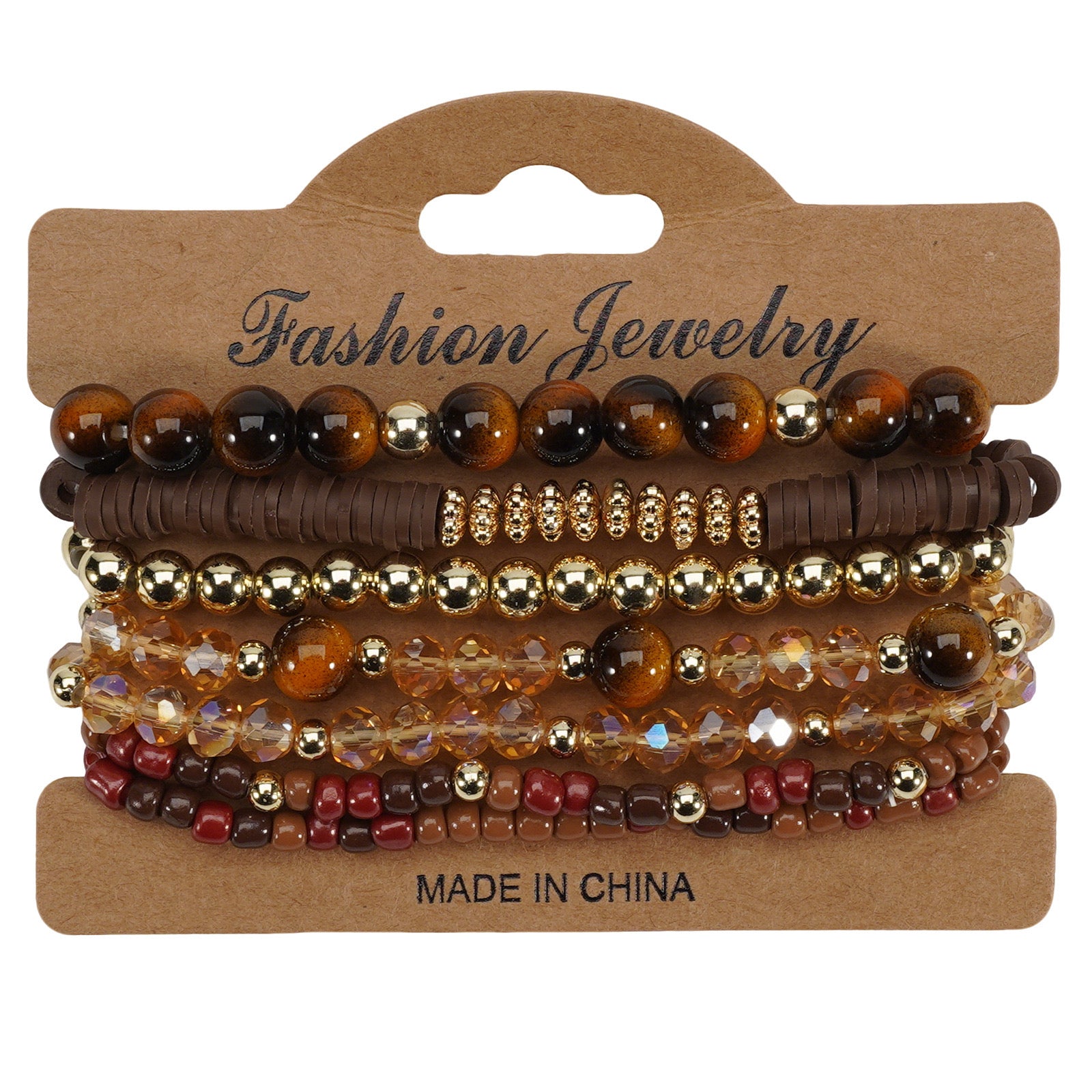 Bohemian style layered bracelets with brown, gold, and amber faceted beads, on a cardboard hanger.