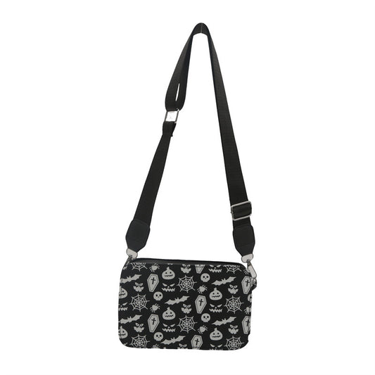 🎃 Halloween Spooky Print Crossbody Bag – Black Pumpkin, Bat & Spiderweb Zipper Shoulder Purse