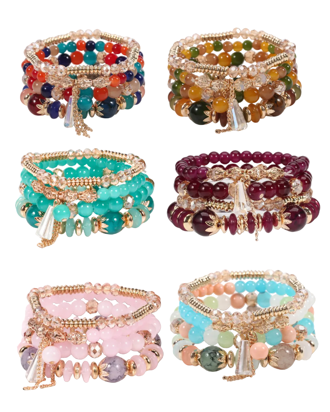 Set of colorful beaded bracelets with gold accents on a white background