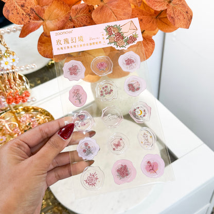 Wax seal stickers by Zaomo, featuring rose, butterfly, and love-themed designs in a variety of pale pink and transparent colors.
