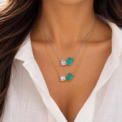 Emerald Cut Double Gem Tarnish-Resistant Necklace