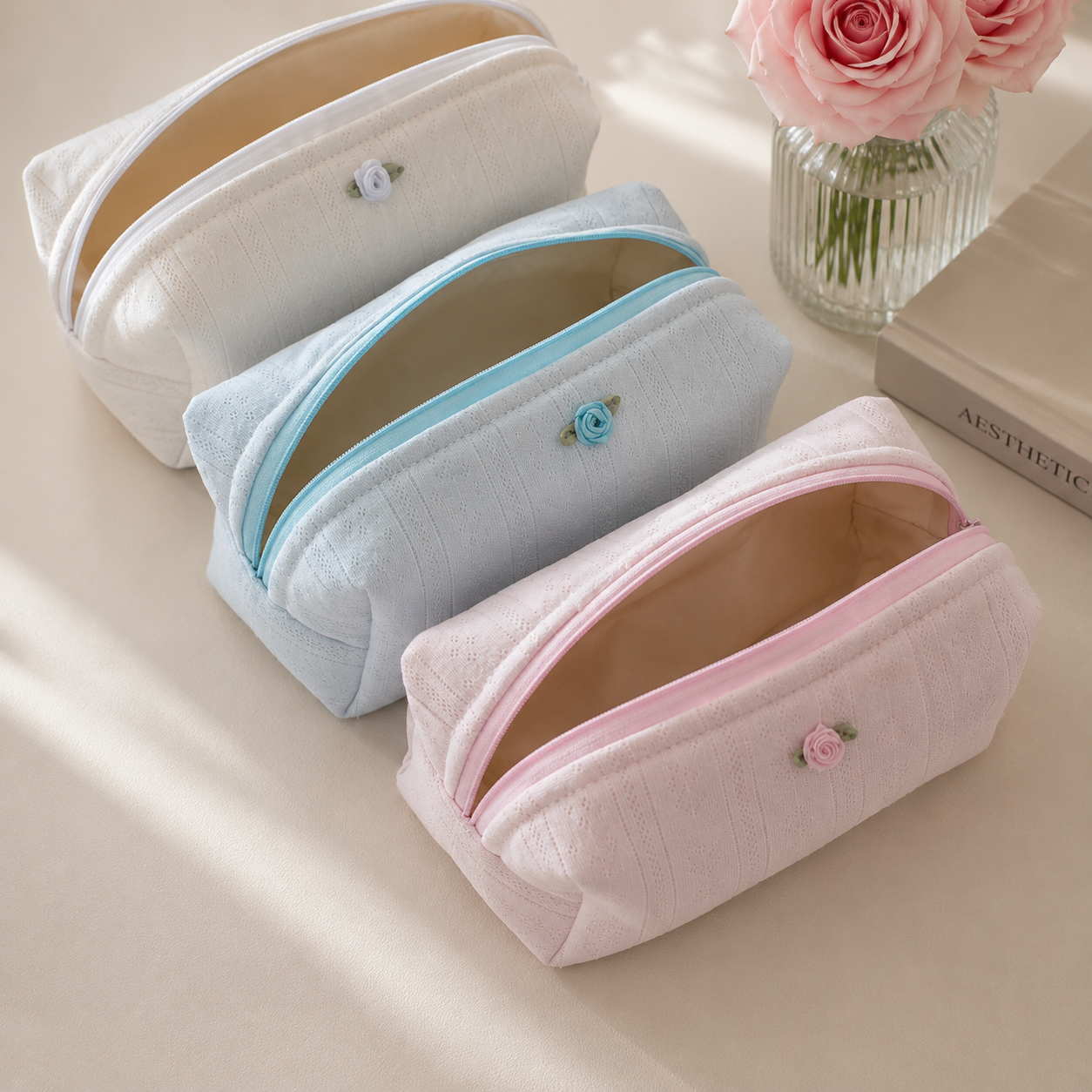 The Rosebud Makeup Bag | Eyelet Cotton Cosmetic Pouch